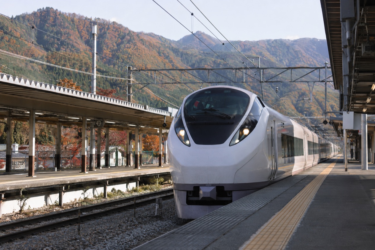 A train arriving at a station in Japan
