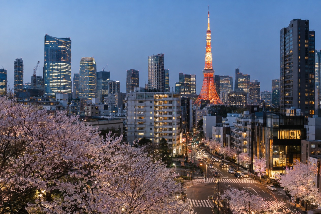 The Tokyo skyline in the cherry blossom season