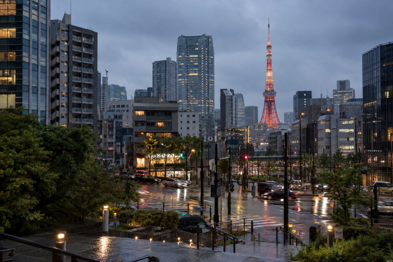 The Tokyo skyline in the rainy season