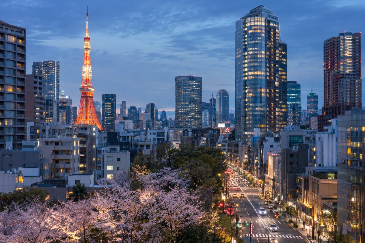 The Tokyo skyline in the cherry blossom season