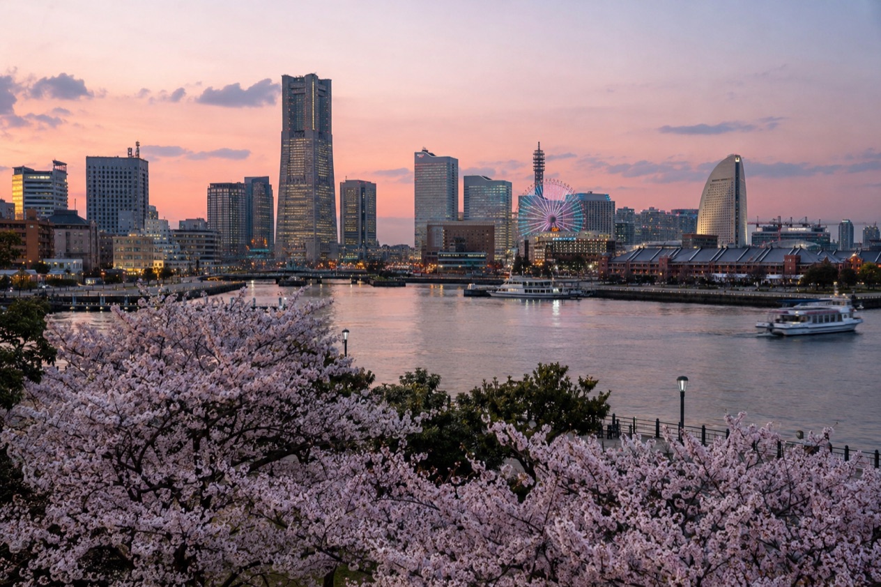 The Minato Mirai waterfront in Yokohama in the cherry blossom season