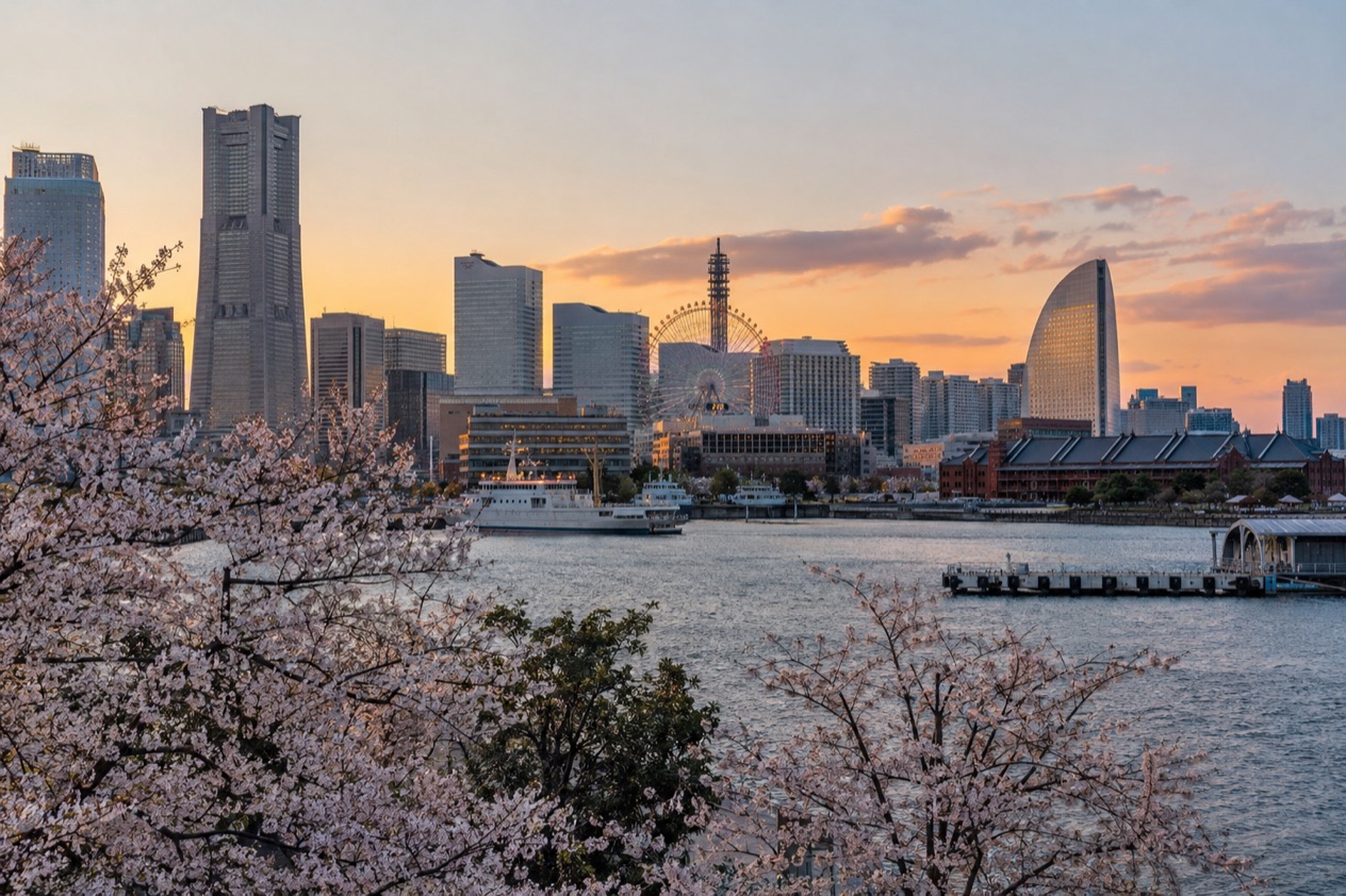 The Minato Mirai waterfront in Yokohama in the cherry blossom season