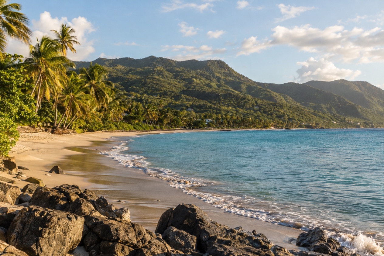 A palm-lined beach on the Puerto Rican coast