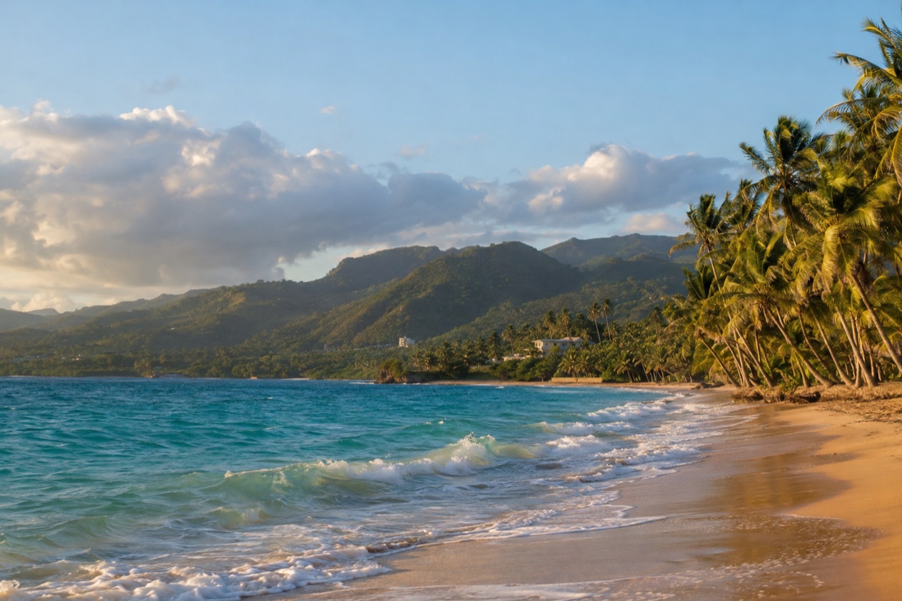 A palm-lined beach on the Puerto Rican coast
