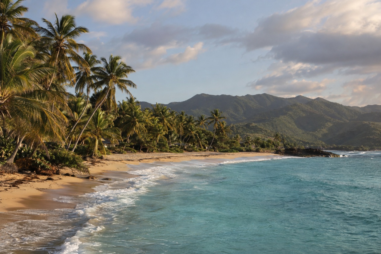 A palm-lined beach on the Puerto Rican coast