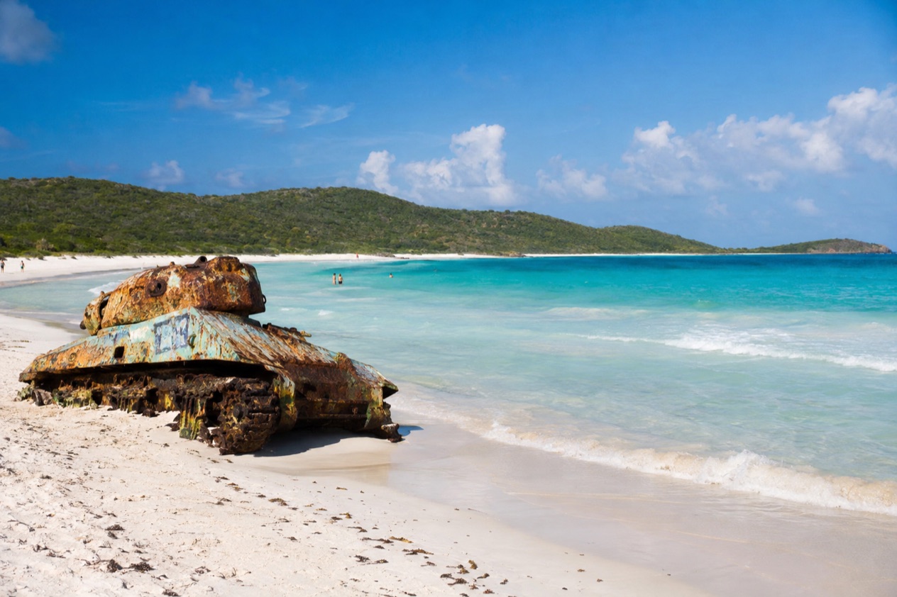 Flamenco Beach on Culebra, with an old tank on the sand