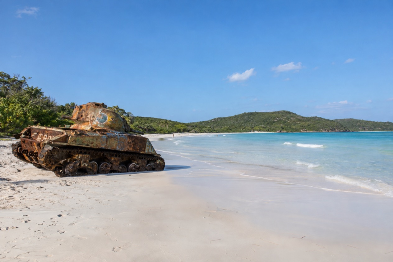Flamenco Beach on Culebra, with an old tank on the sand in the drier season