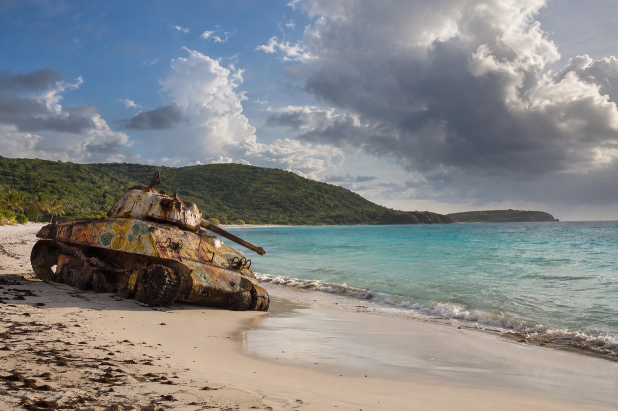 Flamenco Beach on Culebra, with an old tank on the sand in the wetter months