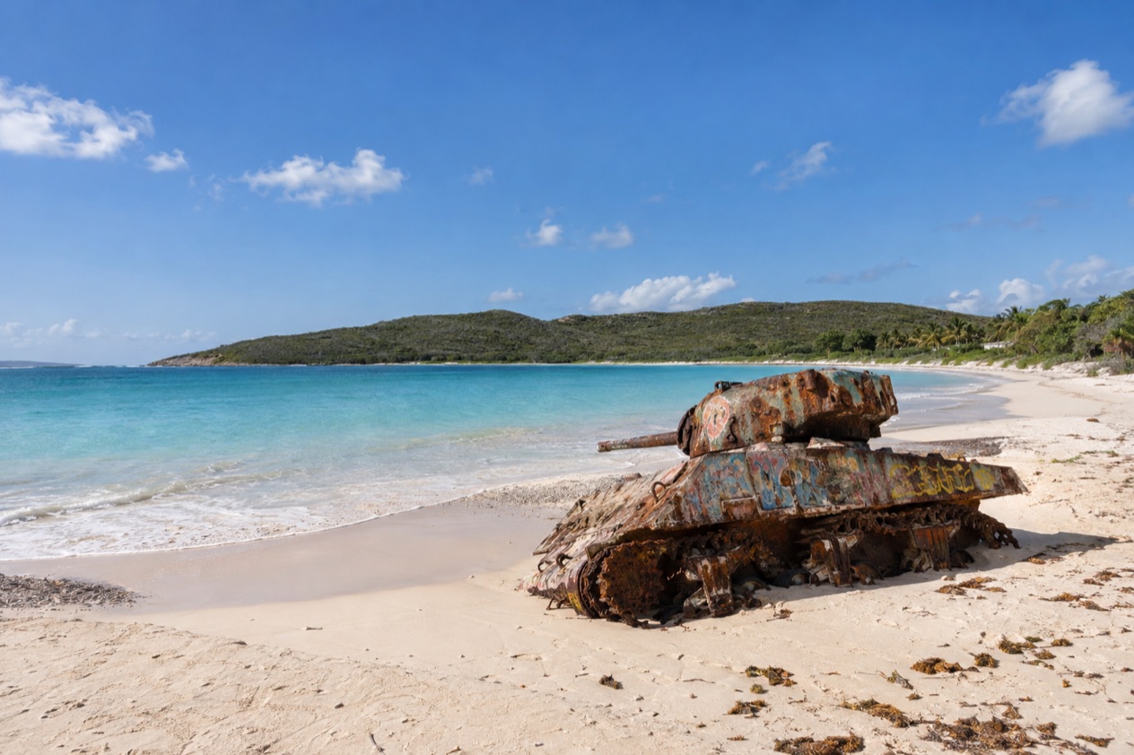 Flamenco Beach on Culebra, with an old tank on the sand in the drier season
