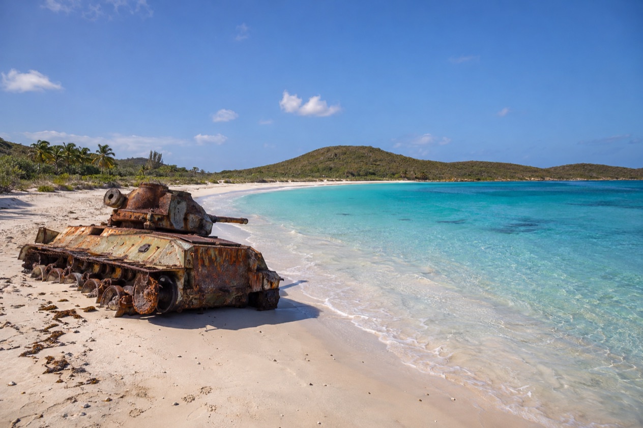 Flamenco Beach on Culebra, with an old tank on the sand in the drier season
