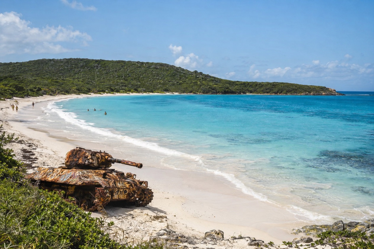 Flamenco Beach on Culebra, with an old tank on the sand