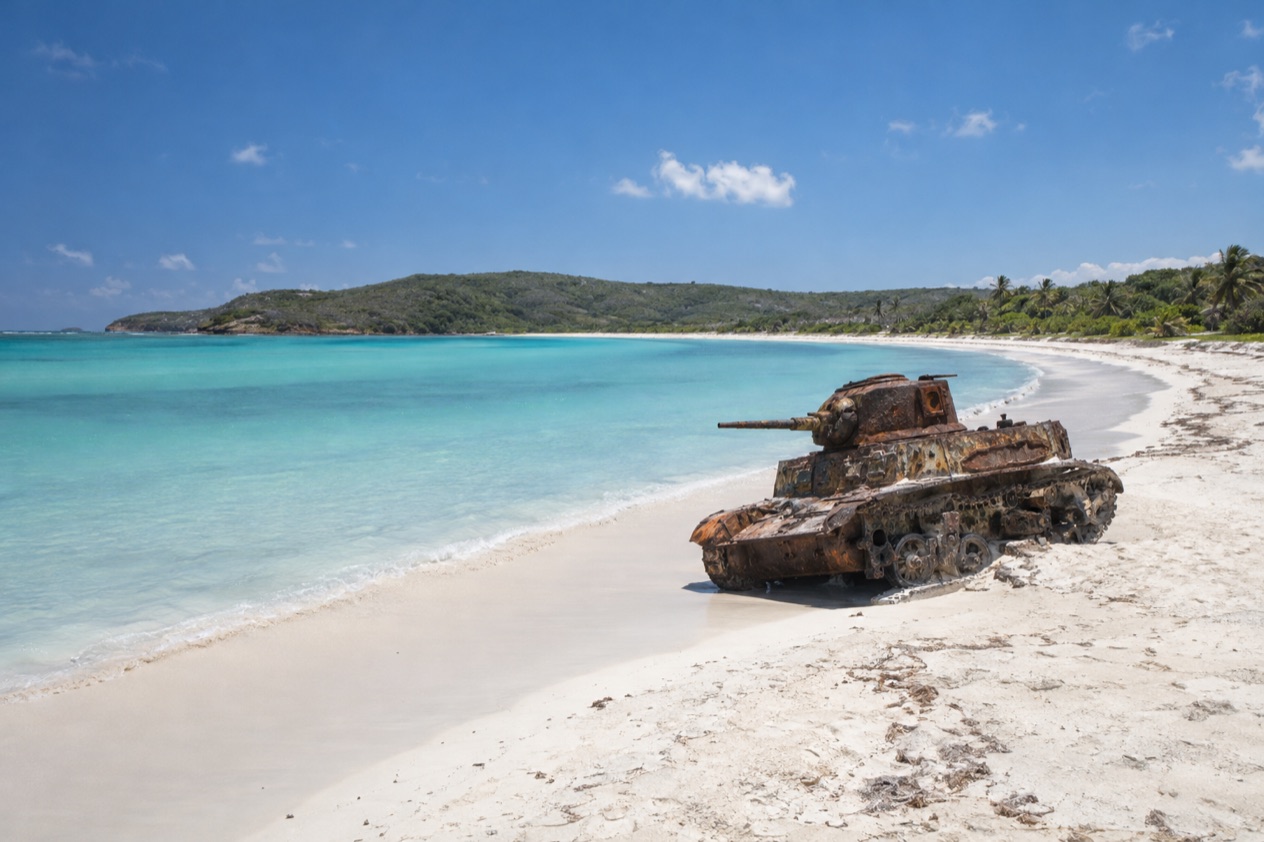 Flamenco Beach on Culebra, with an old tank on the sand in the drier season