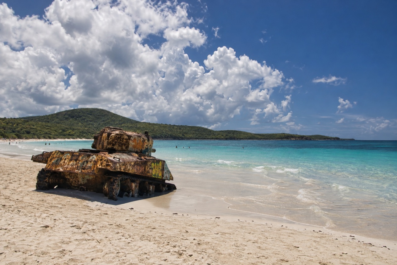 Flamenco Beach on Culebra, with an old tank on the sand in the hot, bright months