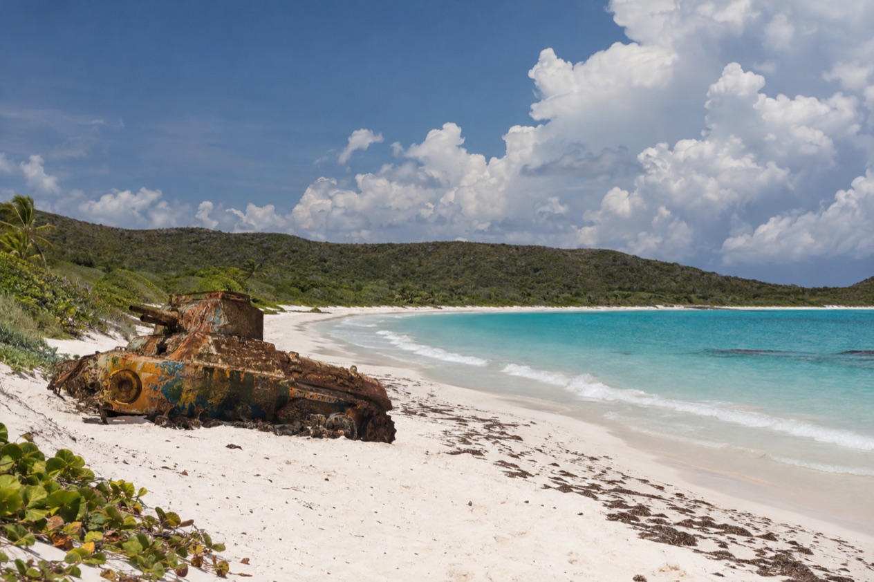 Flamenco Beach on Culebra, with an old tank on the sand in the hot, bright months