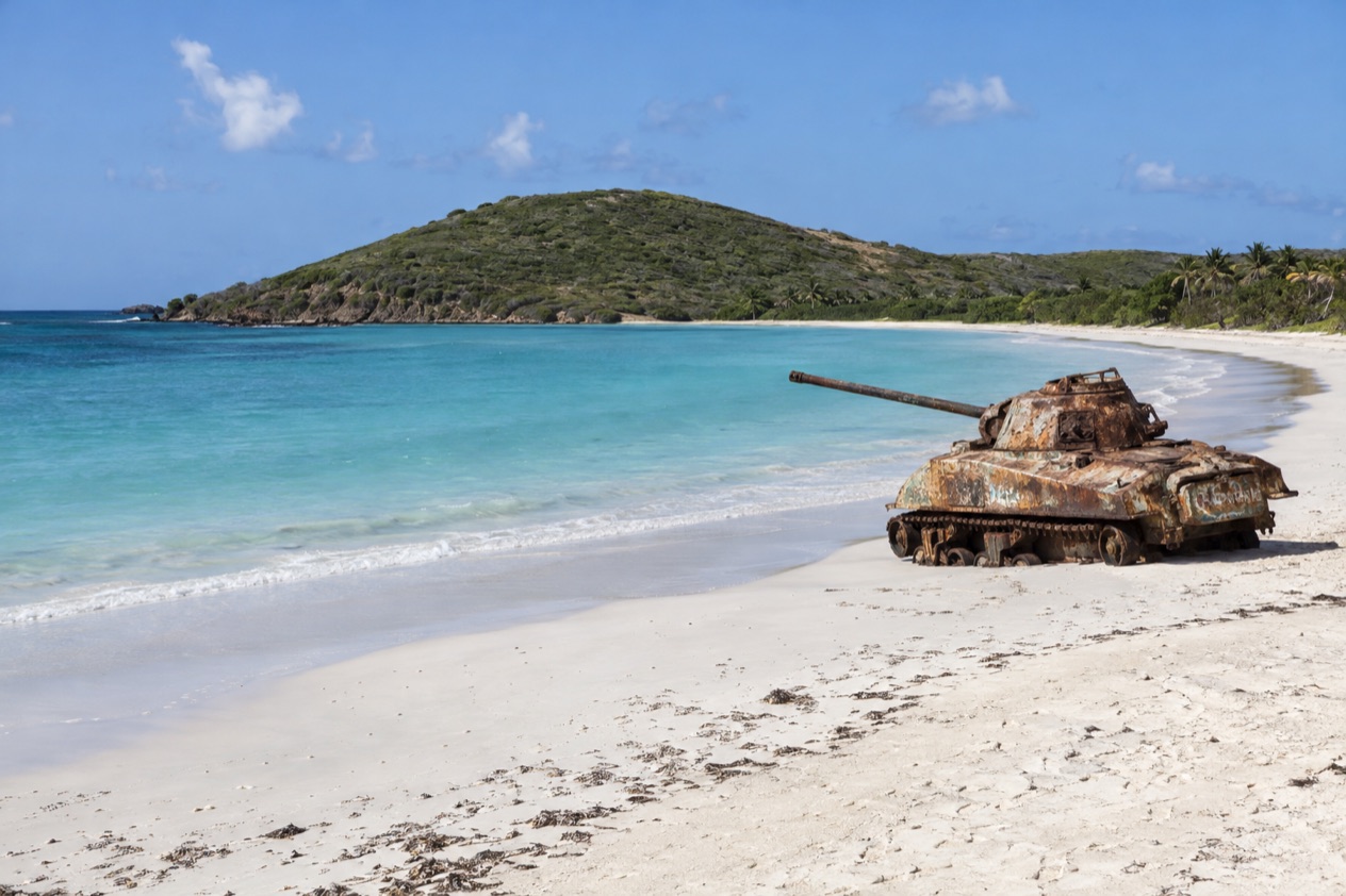 Flamenco Beach on Culebra, with an old tank on the sand in the drier season