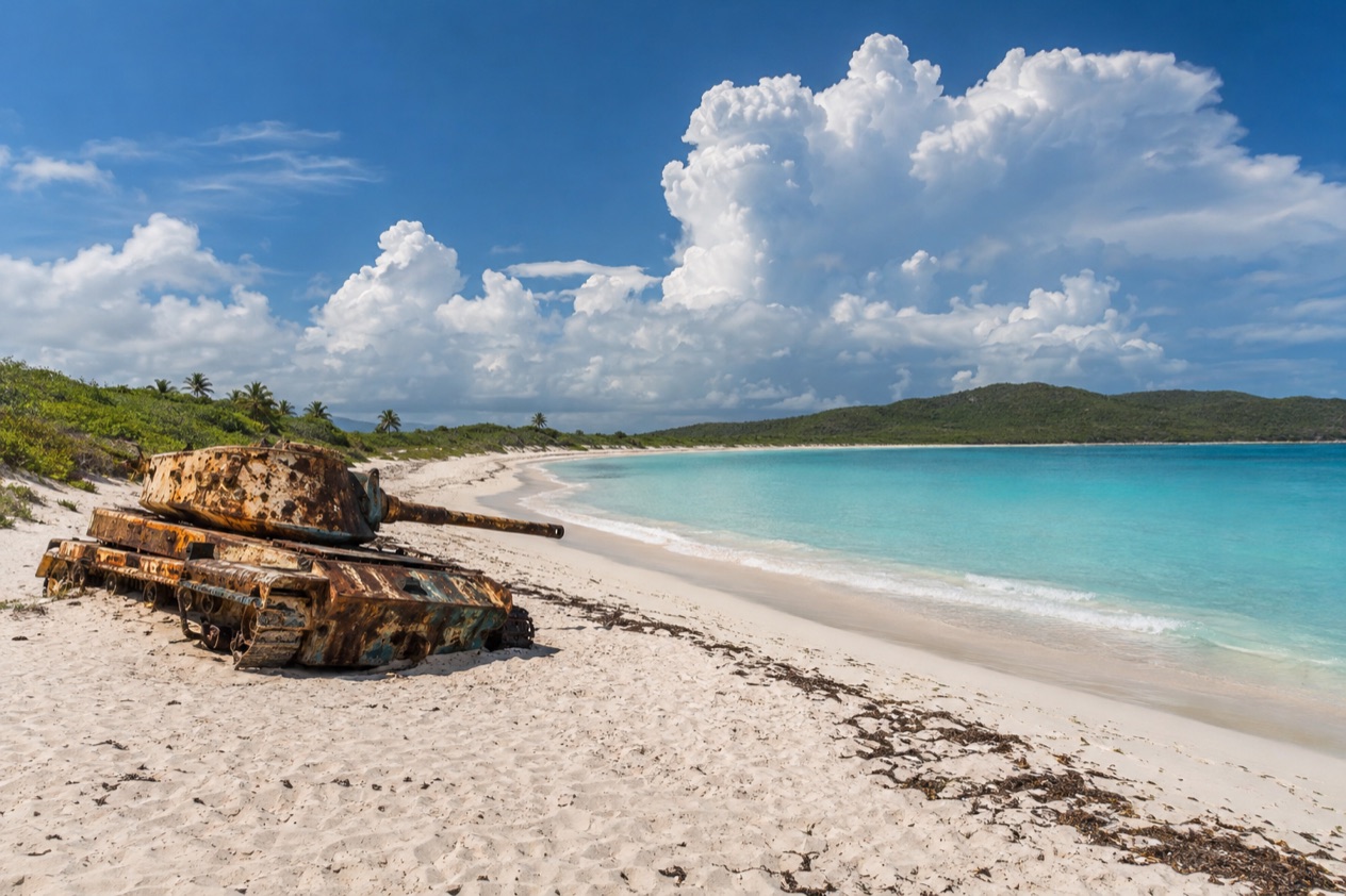 Flamenco Beach on Culebra, with an old tank on the sand in the hot, bright months