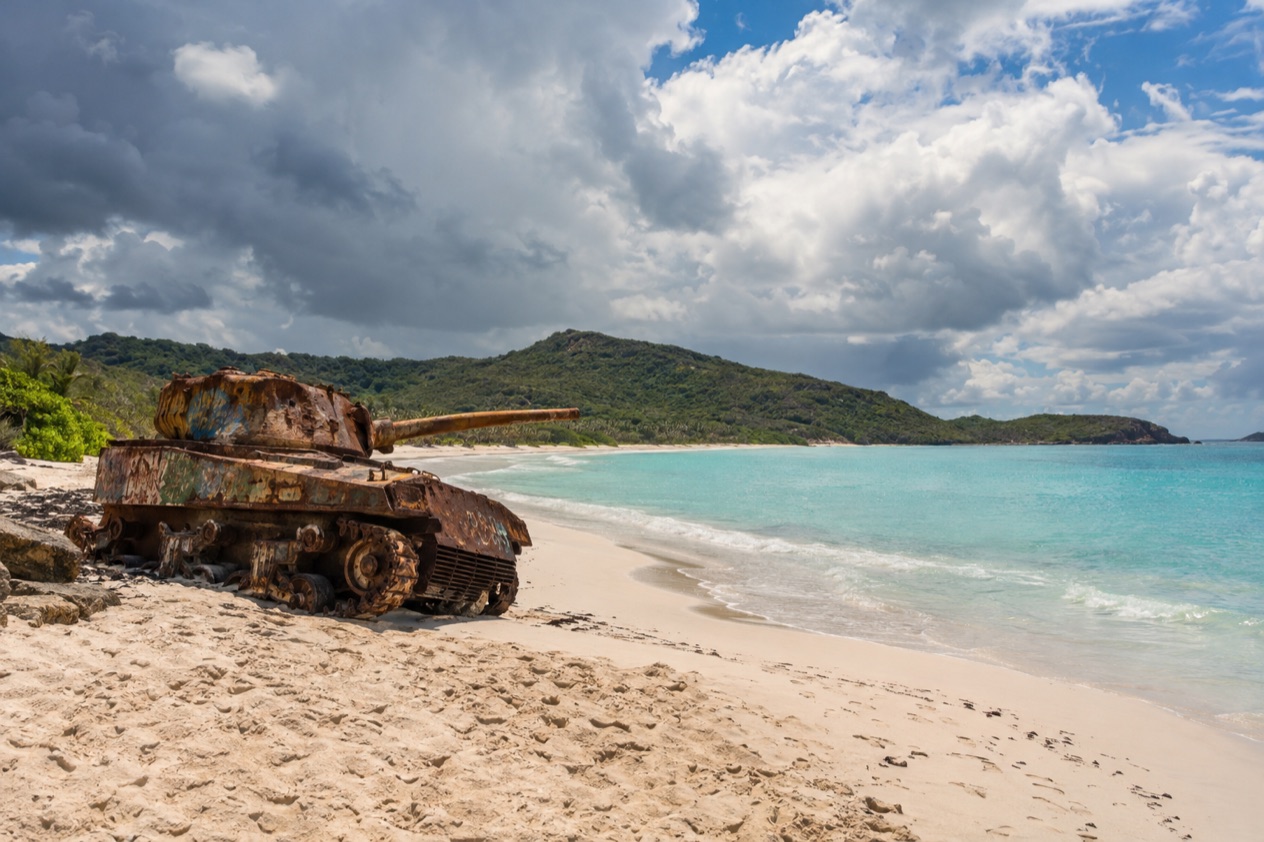 Flamenco Beach on Culebra, with an old tank on the sand in the wetter months