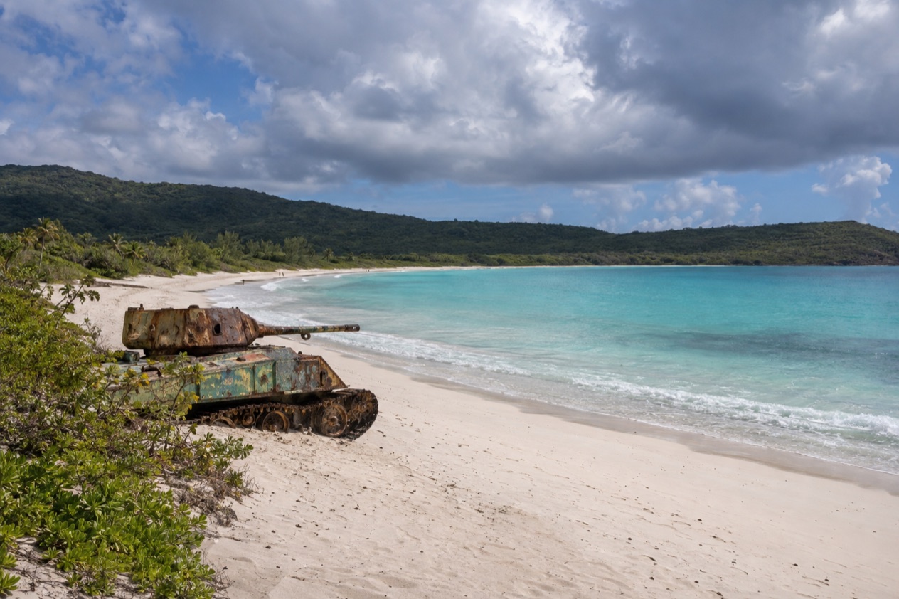 Flamenco Beach on Culebra, with an old tank on the sand in the wetter months