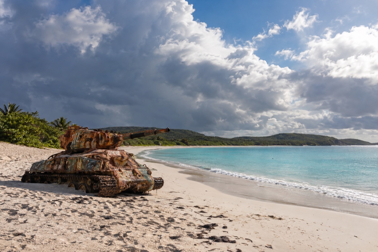 Flamenco Beach on Culebra, with an old tank on the sand in the wetter months