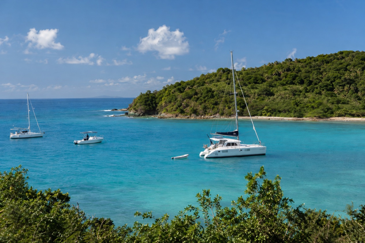 Boats at anchor off the northeast coast near Fajardo in the drier season
