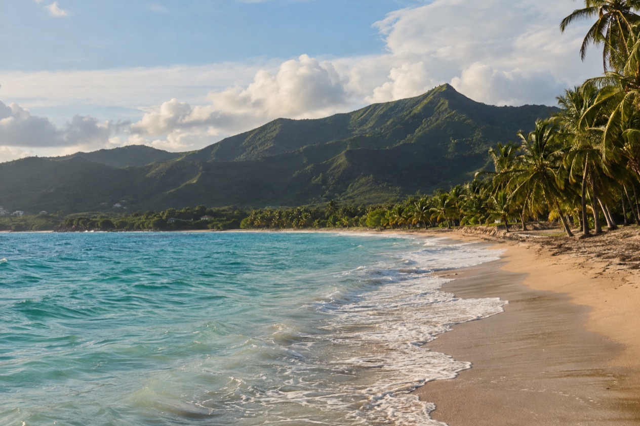 A palm-lined beach on the Puerto Rican coast