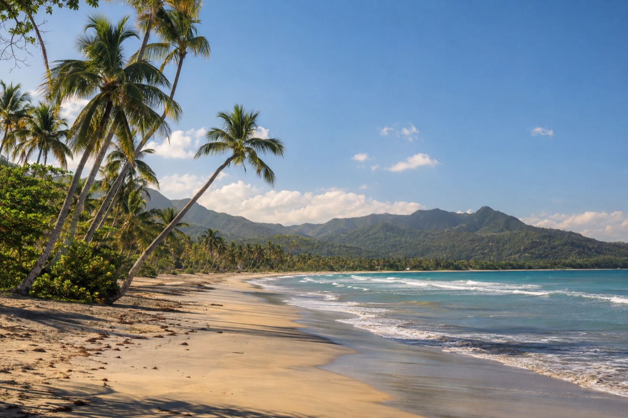A palm-fringed beach at Luquillo in the drier season
