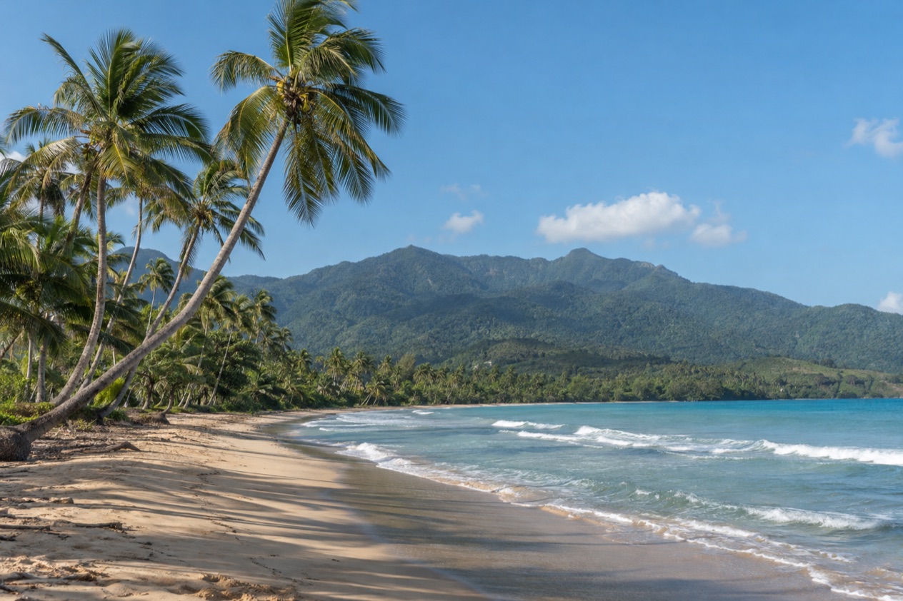 A palm-fringed beach at Luquillo in the drier season