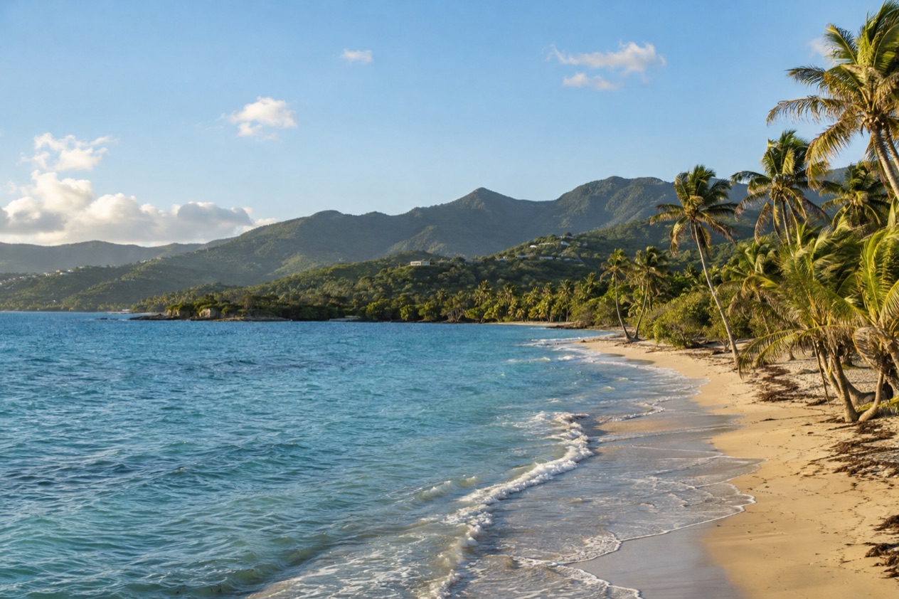 A palm-lined beach on the Puerto Rican coast in the drier season