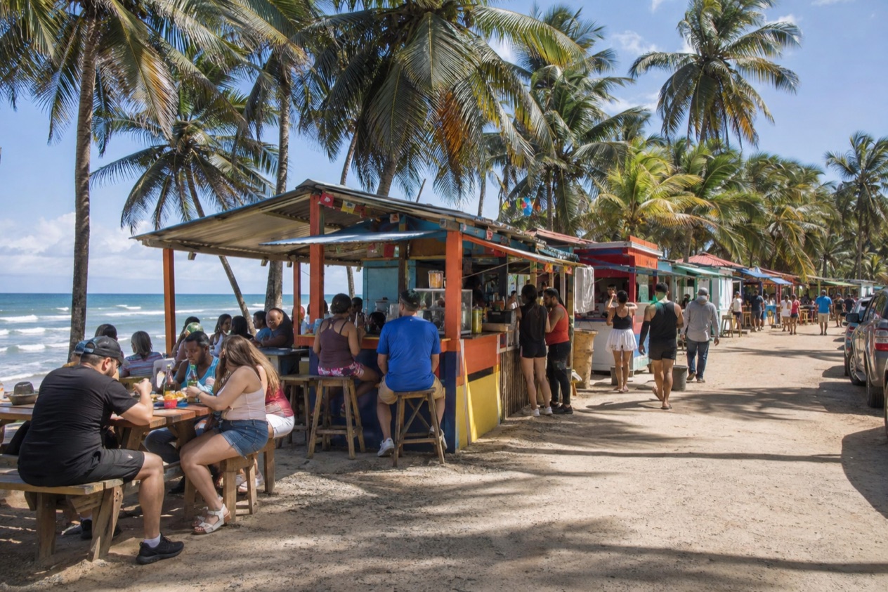 Food stalls and palms at Pinones