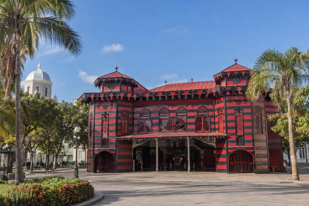 The Parque de Bombas firehouse on Plaza Las Delicias in Ponce in the drier season