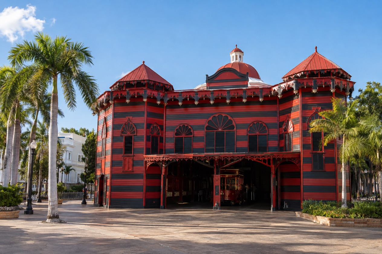 The Parque de Bombas firehouse on Plaza Las Delicias in Ponce in the drier season