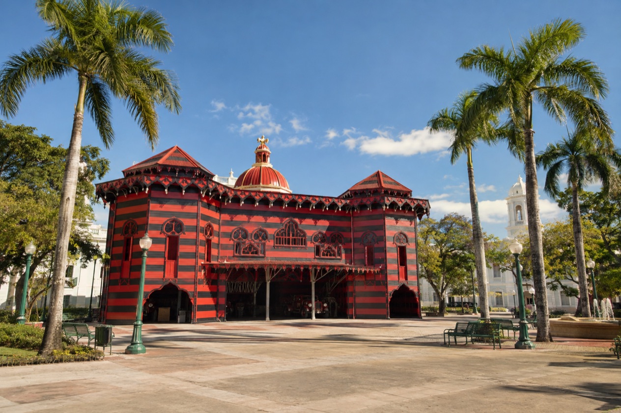The Parque de Bombas firehouse on Plaza Las Delicias in Ponce in the drier season