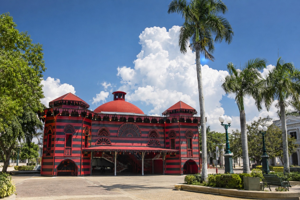 The Parque de Bombas firehouse on Plaza Las Delicias in Ponce in the hot, bright months