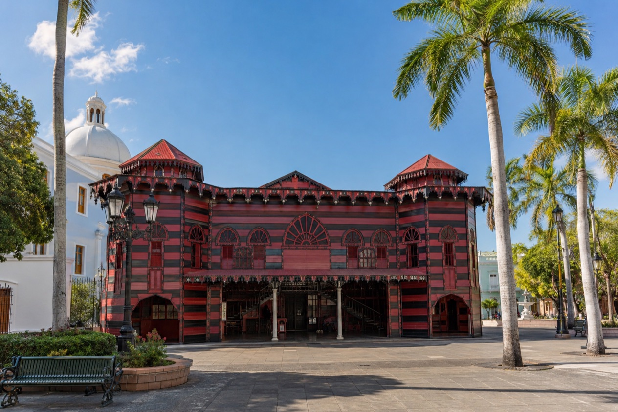 The Parque de Bombas firehouse on Plaza Las Delicias in Ponce in the drier season