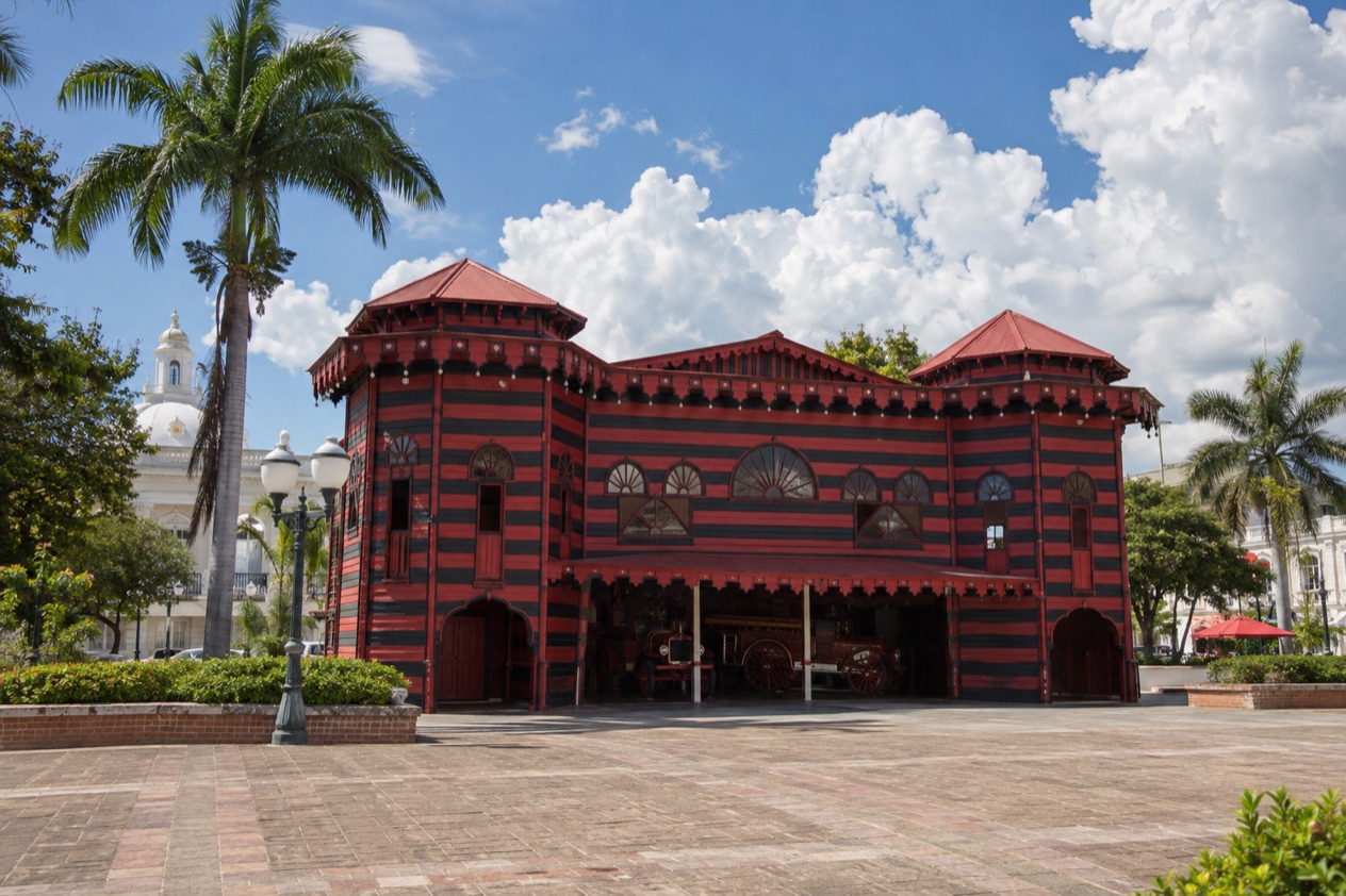 The Parque de Bombas firehouse on Plaza Las Delicias in Ponce in the hot, bright months
