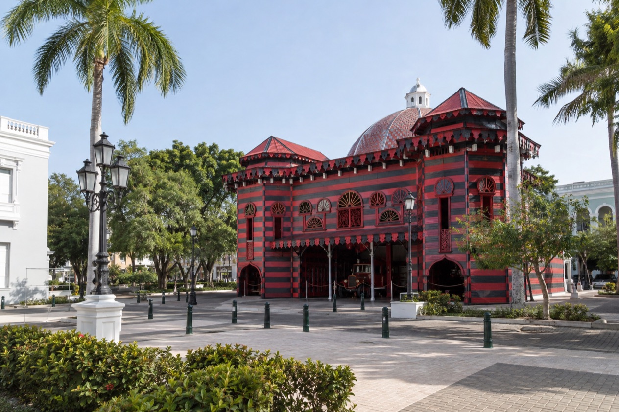 The Parque de Bombas firehouse on Plaza Las Delicias in Ponce