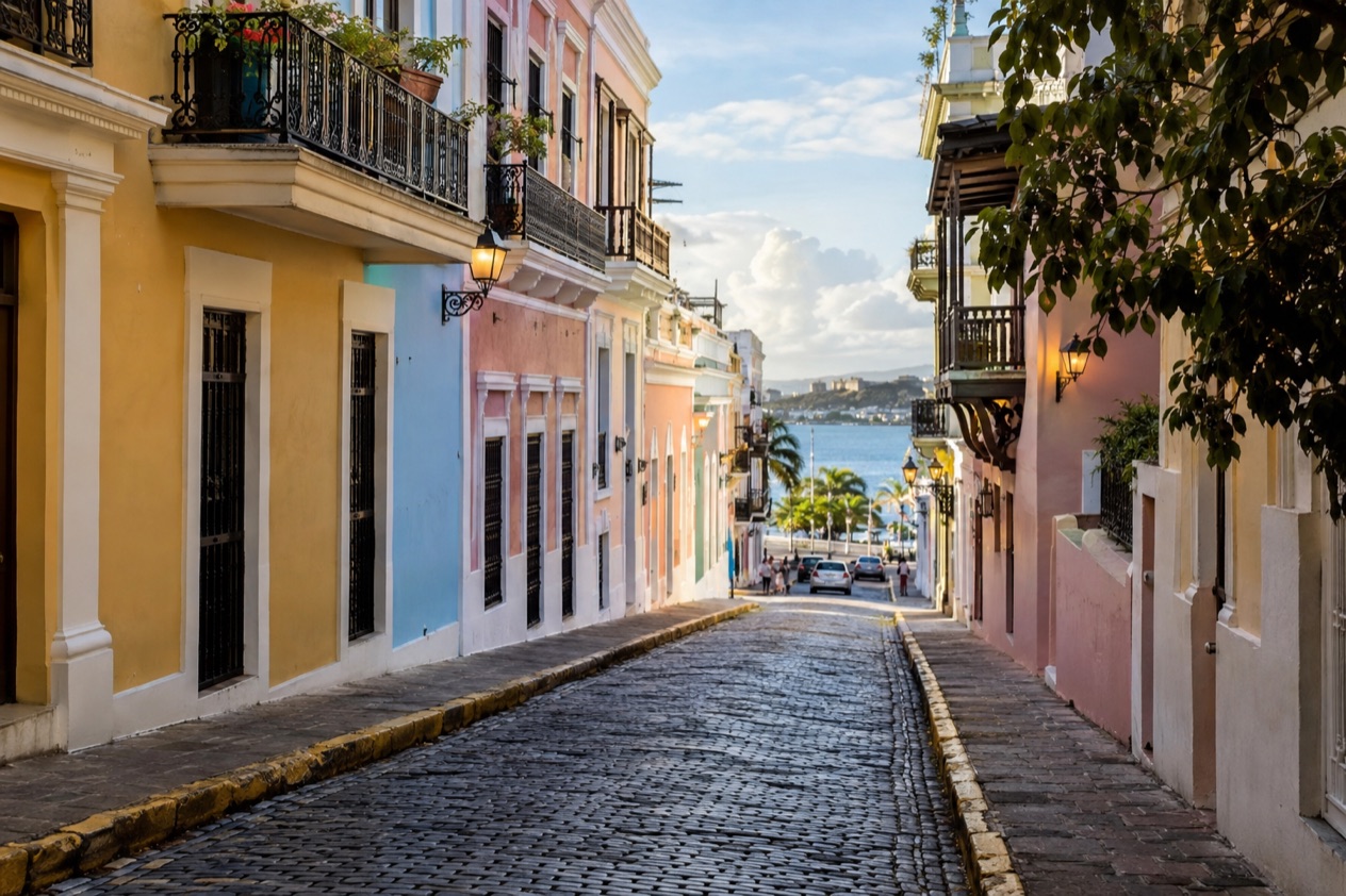A cobblestone street in Old San Juan between pastel colonial houses