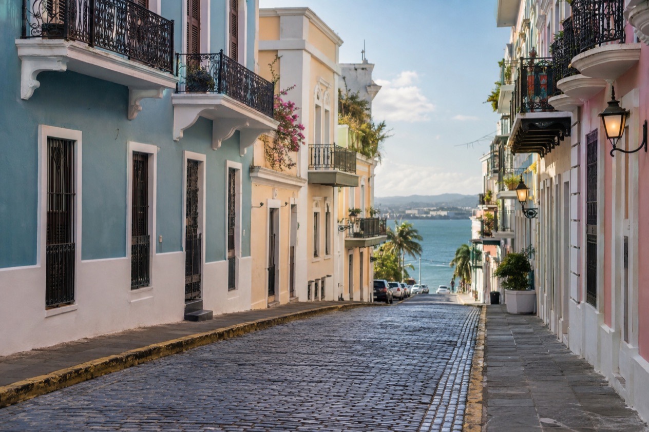 A cobblestone street in Old San Juan between pastel colonial houses