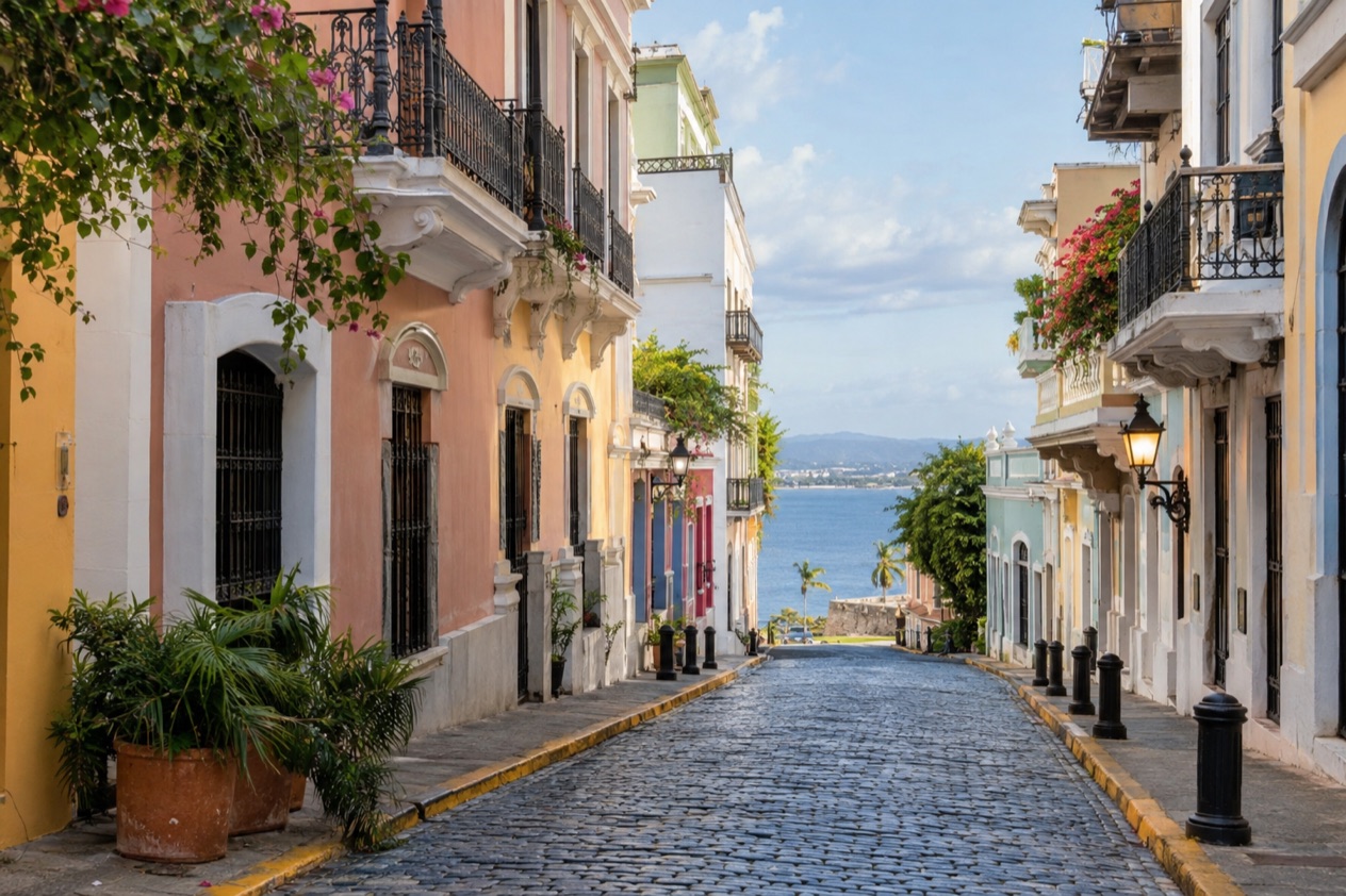 A cobblestone street in Old San Juan between pastel colonial houses