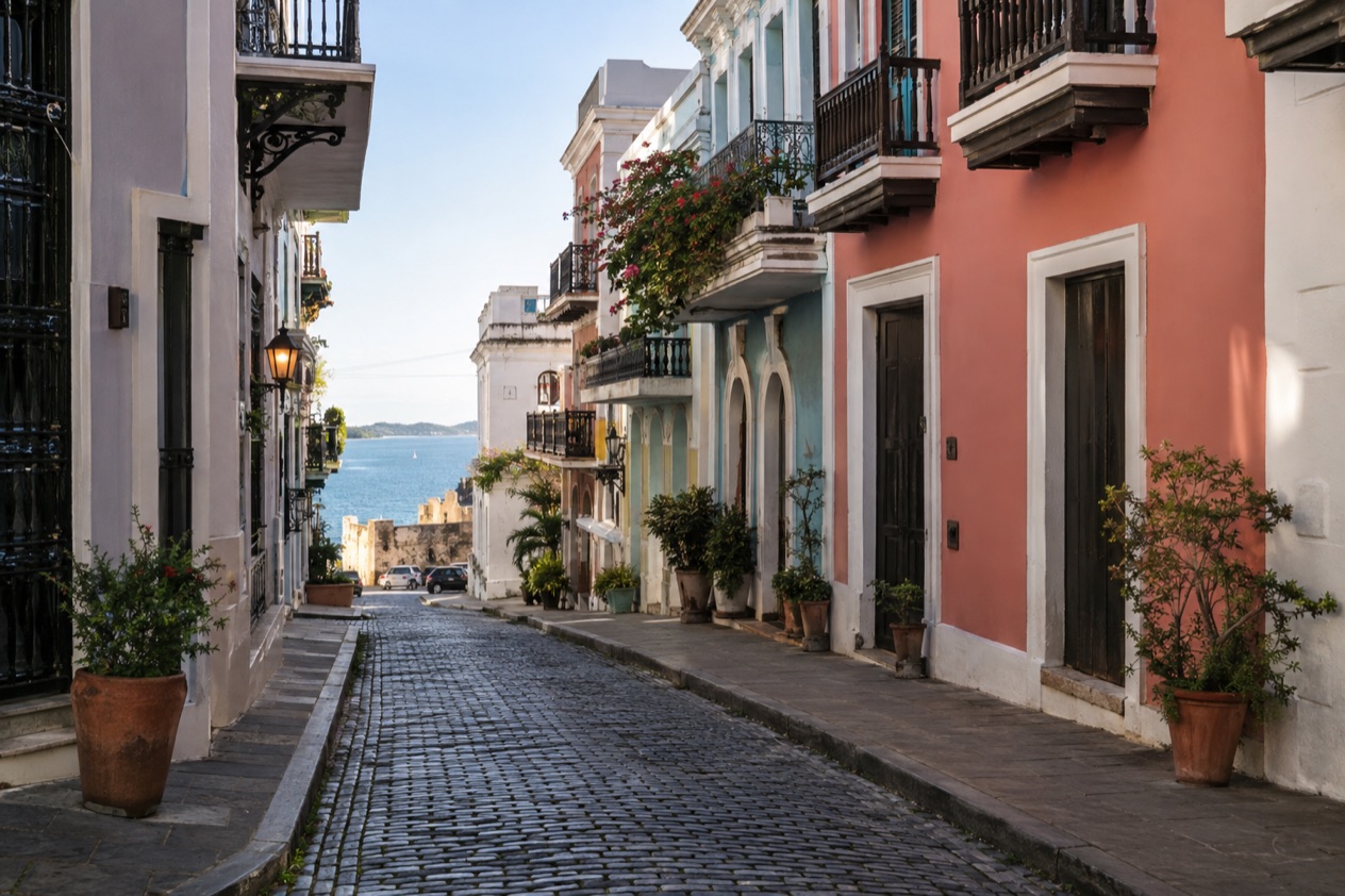 A cobblestone street in Old San Juan between pastel colonial houses