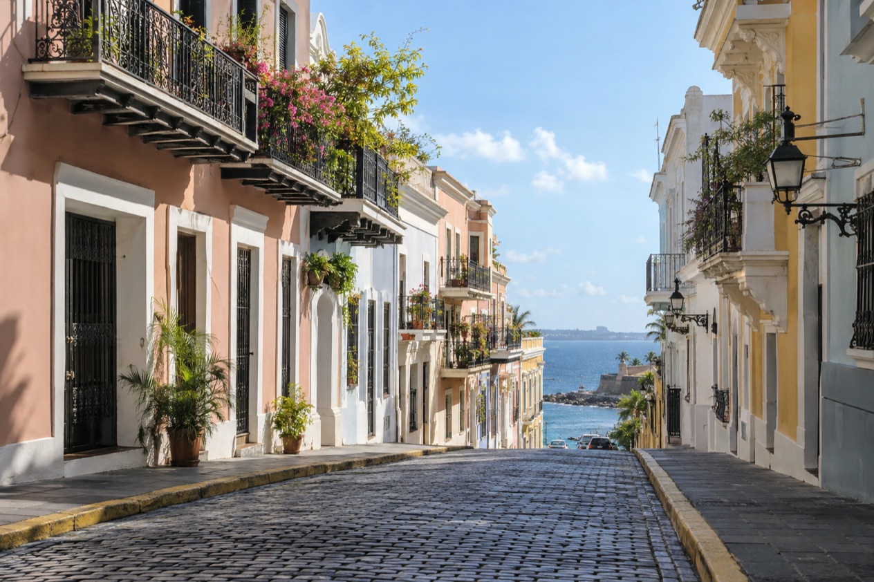 A cobblestone street in Old San Juan between pastel colonial houses in the drier season