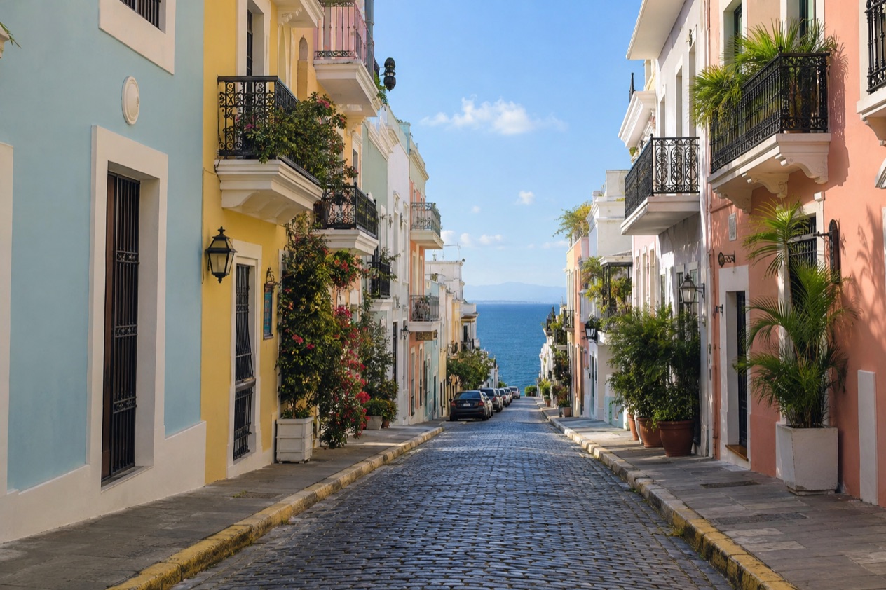 A cobblestone street in Old San Juan between pastel colonial houses in the drier season