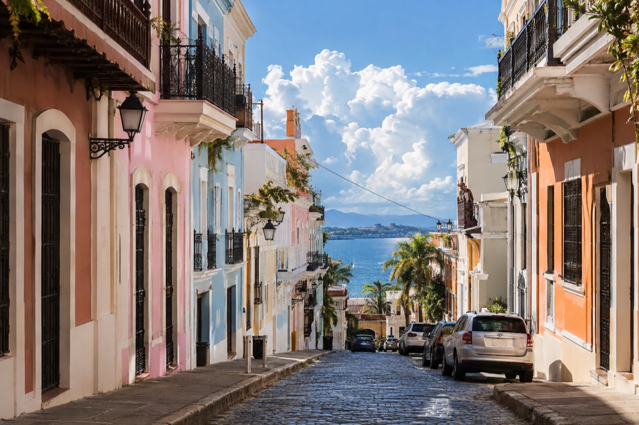 A cobblestone street in Old San Juan between pastel colonial houses in the hot, bright months