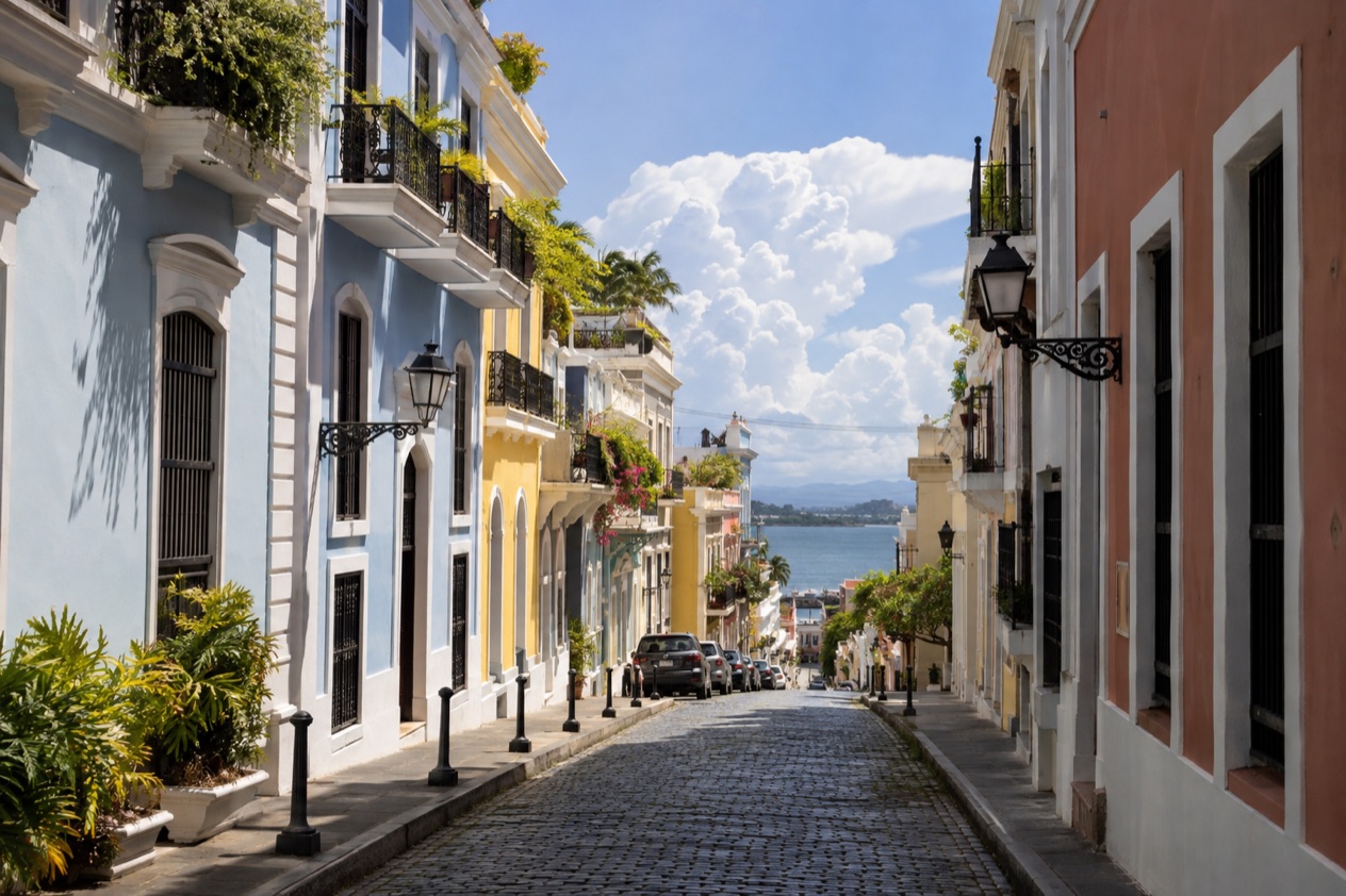 A cobblestone street in Old San Juan between pastel colonial houses in the hot, bright months