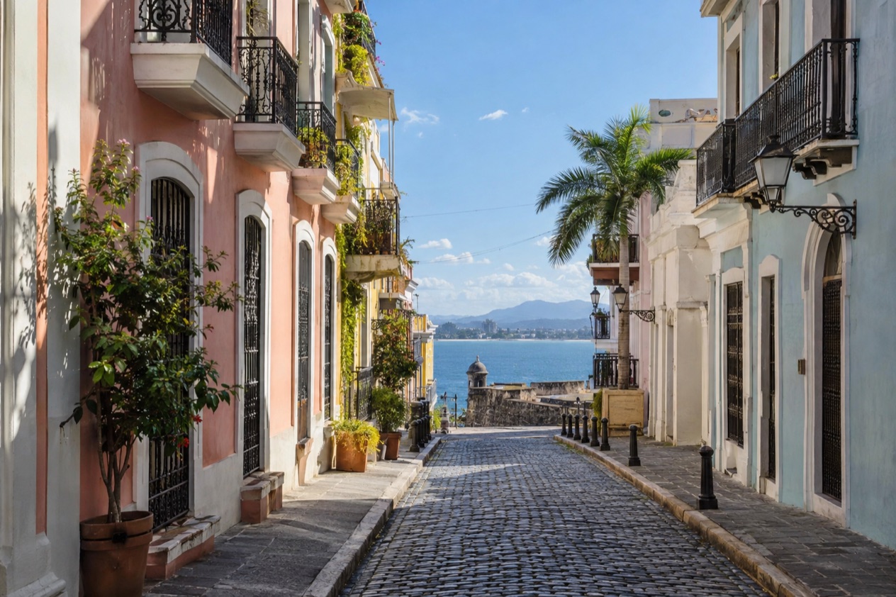 A cobblestone street in Old San Juan between pastel colonial houses in the drier season