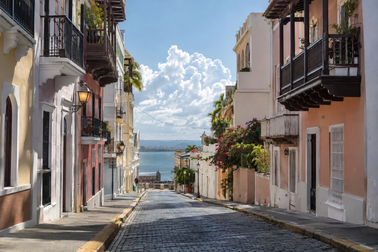 A cobblestone street in Old San Juan between pastel colonial houses in the hot, bright months