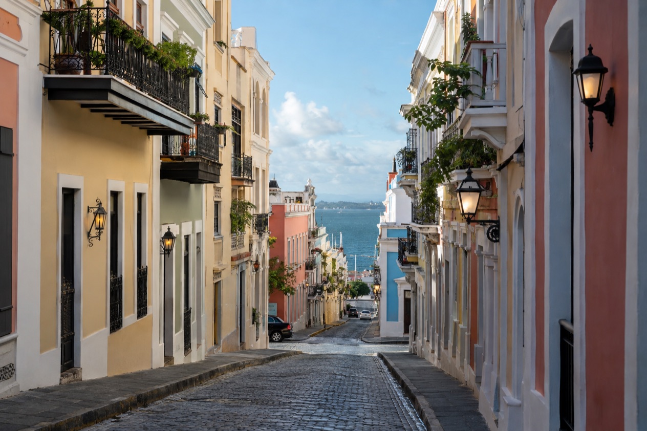A cobblestone street in Old San Juan between pastel colonial houses