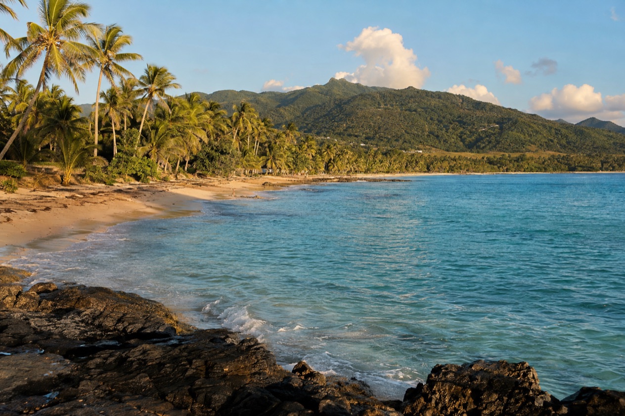 A palm-lined beach on the Puerto Rican coast