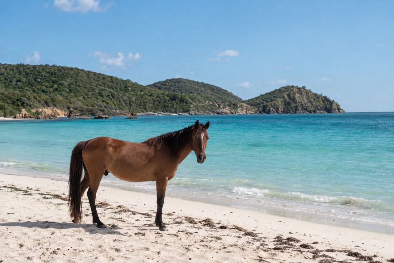 A wild horse on a quiet beach on Vieques in the drier season