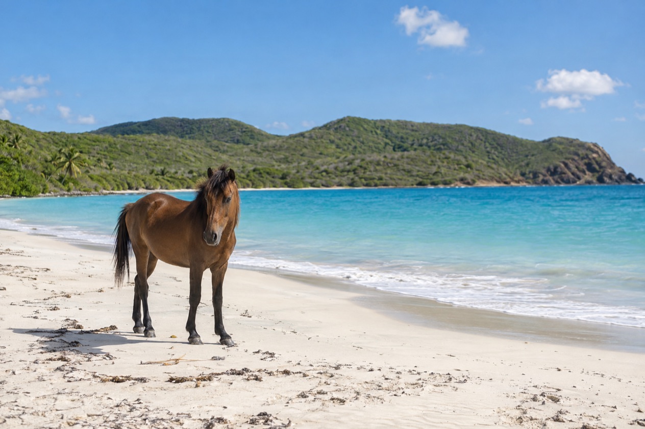 A wild horse on a quiet beach on Vieques in the drier season
